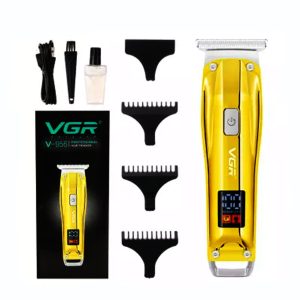 ماشین اصلاح موی سر و صورت تریمر وی جی آر مدل V956، با قابلیت اصلاح با شماره صفر، دارای طراحی ارگونومیک، تیغه های خود تیز شونده و صفحه نمایش LED، منبع انرژی برق و باتری، جنس تیغه استیل ضد زنگ، مدت زمان شارژ 120 دقیقه و مدت زمان استفاده پس از شارژ 100 دقیقه