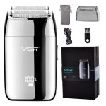 ماشین اصلاح موی صورت وی جی ار مدل V-399، استفاده به صورت خشک و مرطوب، منبع انرژی باتری ، تکنولوژی اصلاح به صورت فویلی، مدت زمان شارژ 180 دقیقه و مدت زمان استفاده پس از شارژ 200 دقیقه، به همراه برس تمیزکننده، جنس تیغه از تیتانیوم